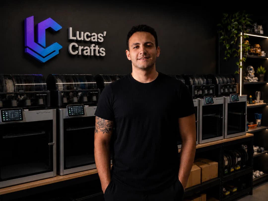 Lucas at the Lucas' Crafts Florida studio, in front of the print fleet