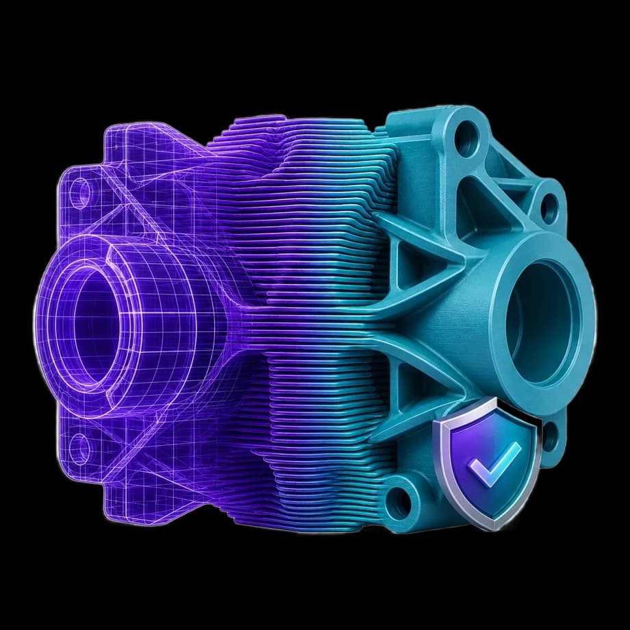 A 3D-printed mechanical part rendering from a purple CAD wireframe on the left into a finished teal printed component on the right